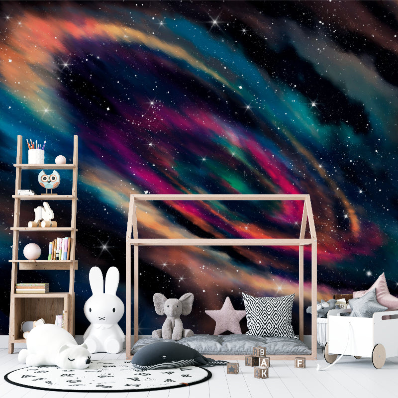 Galaxy wallpaper mural displayed in modern bedroom with soft lighting creating a dreamy atmosphere