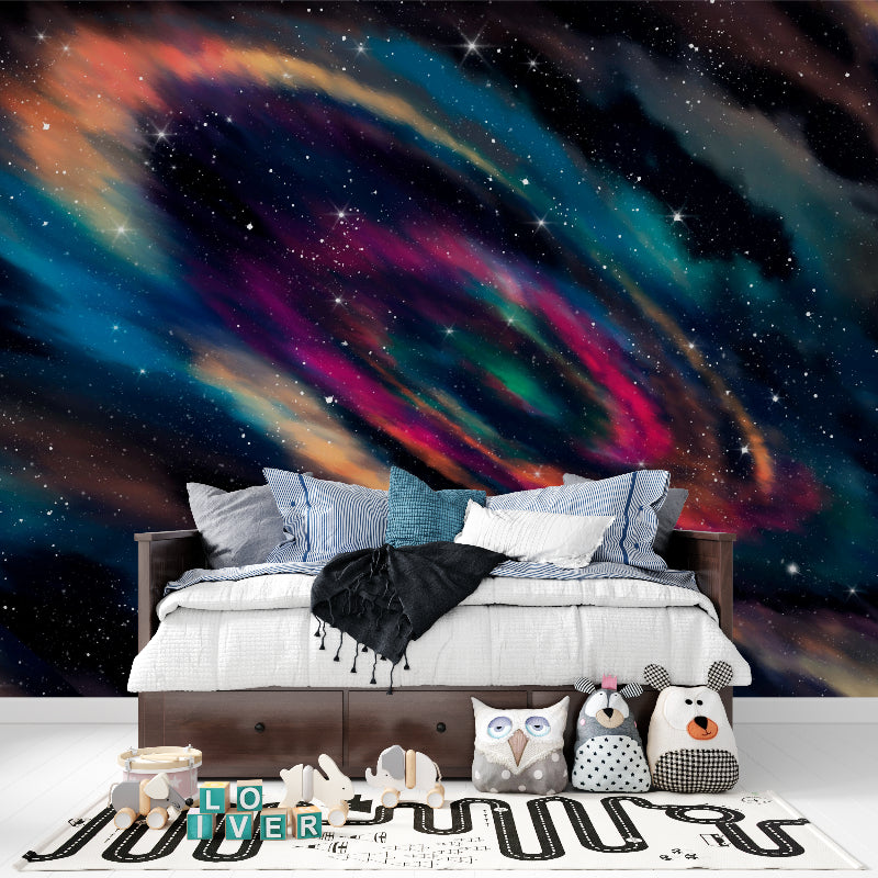 Space galaxy wallpaper in kids room with astronomy-themed decor