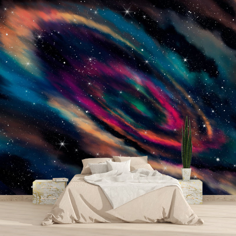 Cosmic wallpaper creating depth in home office space with minimalist furniture