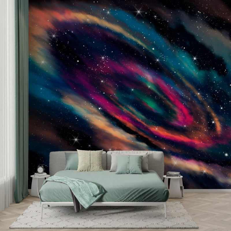 Galaxy mural wallpaper in teen bedroom showing scale and vibrant colors