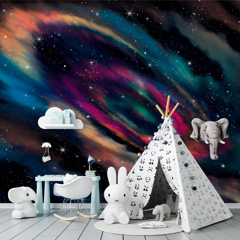 Space themed wallpaper in gaming room with ambient lighting