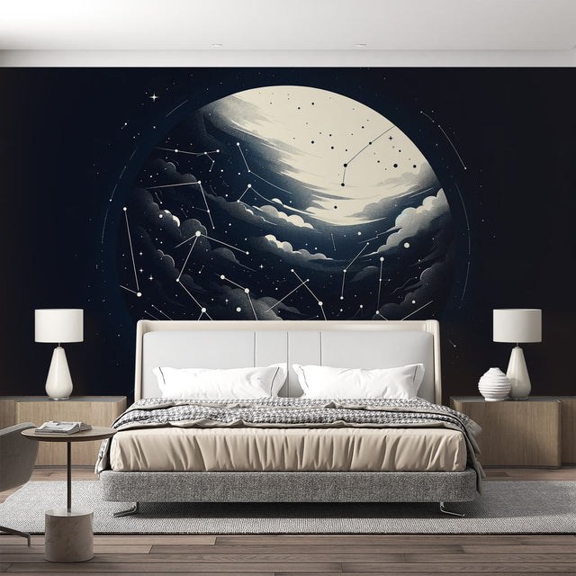 Galaxy constellation wallpaper mural creating a cozy atmosphere in a modern bedroom with soft lighting