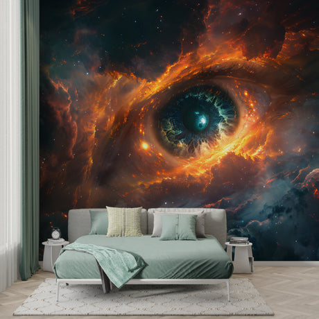 Galaxy eye wallpaper creating depth in modern living room with blue sofa and ambient lighting