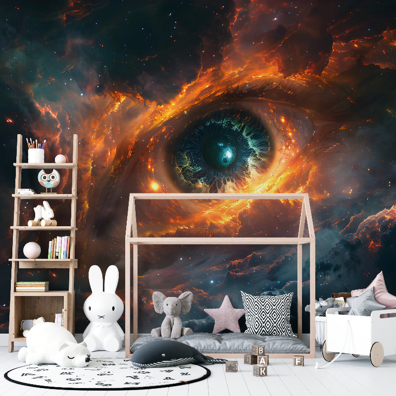 Space themed wallpaper in home office with desk and warm lighting