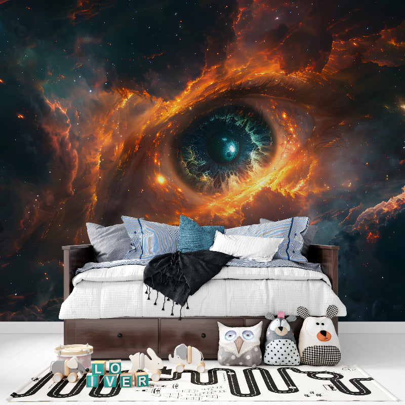 Galaxy wallpaper in meditation space with minimal furniture