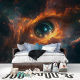 Galaxy wallpaper in meditation space with minimal furniture