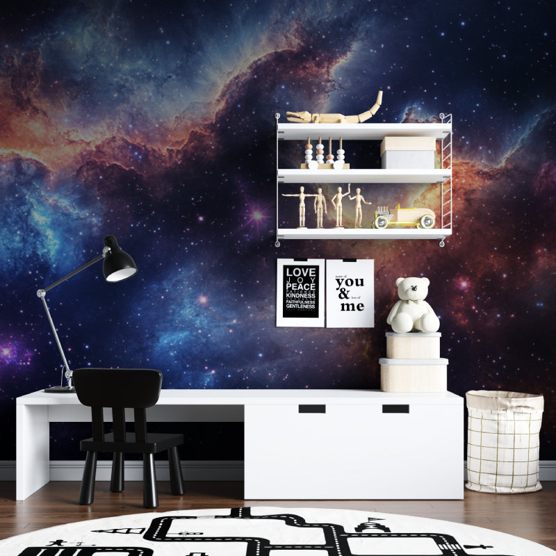 Galaxy wallpaper mural shown in modern bedroom with blue nebula patterns creating a dreamy atmosphere