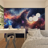 Galaxy wall mural displayed in gaming room showing vibrant cosmic colors and star details