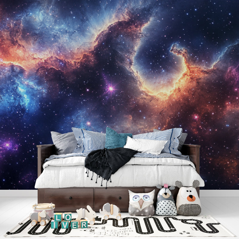 Teen bedroom with space galaxy wallpaper creating an immersive cosmic atmosphere