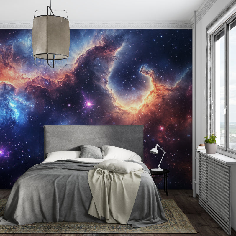 Media room featuring nebula wallpaper mural with stunning star formations