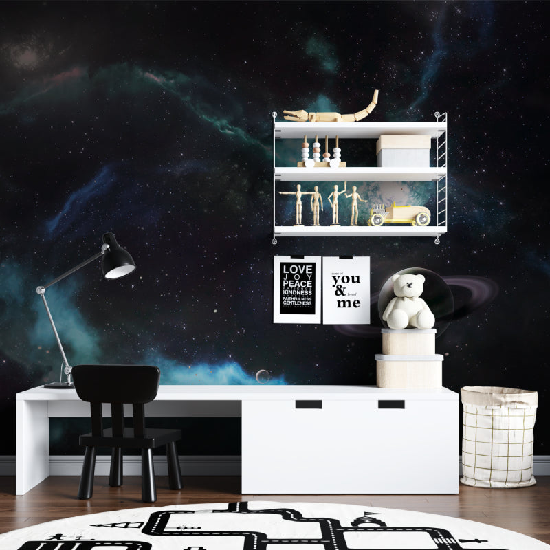 Galaxy wallpaper in modern bedroom creates dreamy atmosphere with soft nebula glow