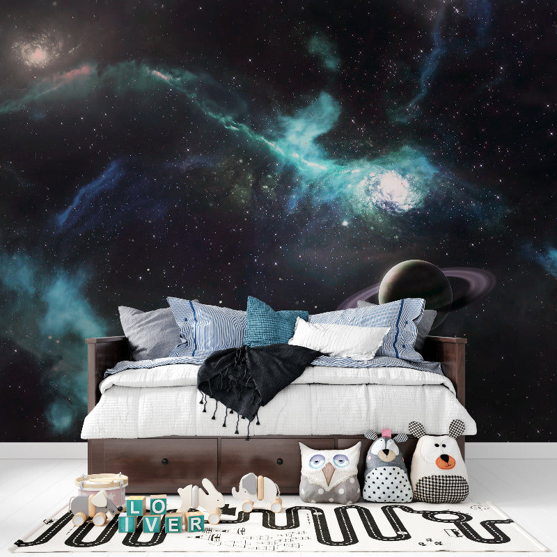 Space mural in gaming room with cosmic night sky theme