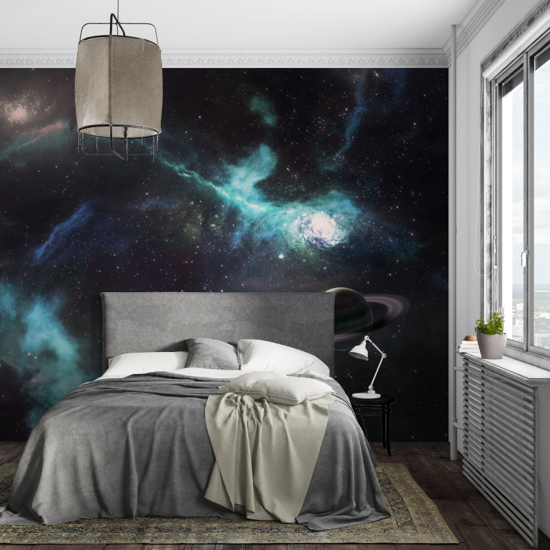 Night sky wallpaper transforms home office with celestial beauty