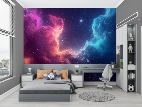 Galaxy nebula wallpaper creating a dreamy atmosphere in a modern bedroom with pink and blue cosmic swirls