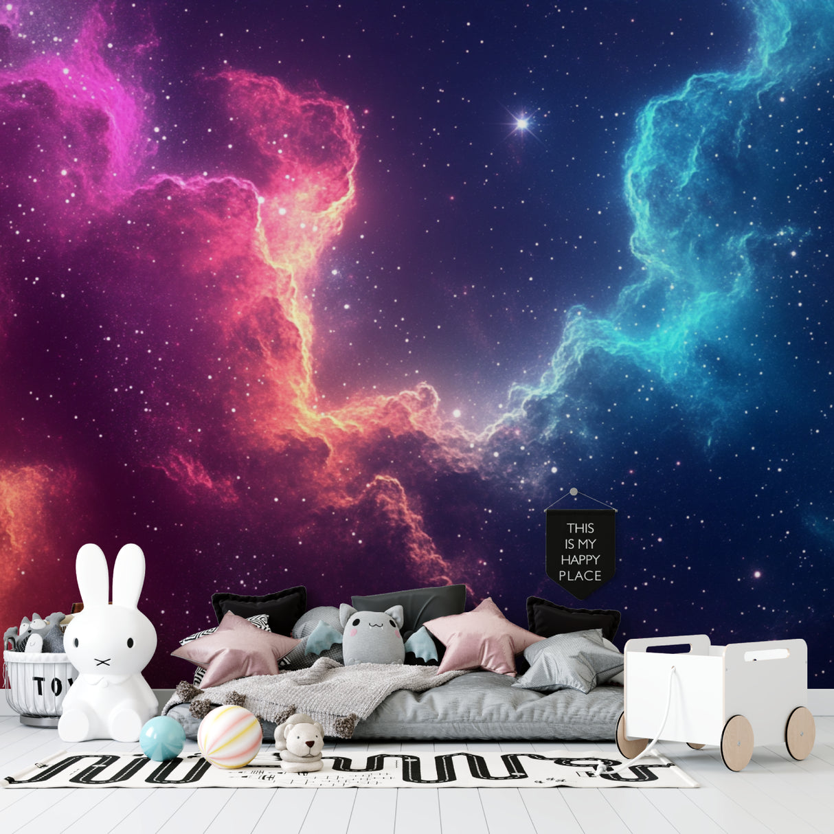 Teen bedroom with cosmic nebula wall mural in soothing pink and blue tones