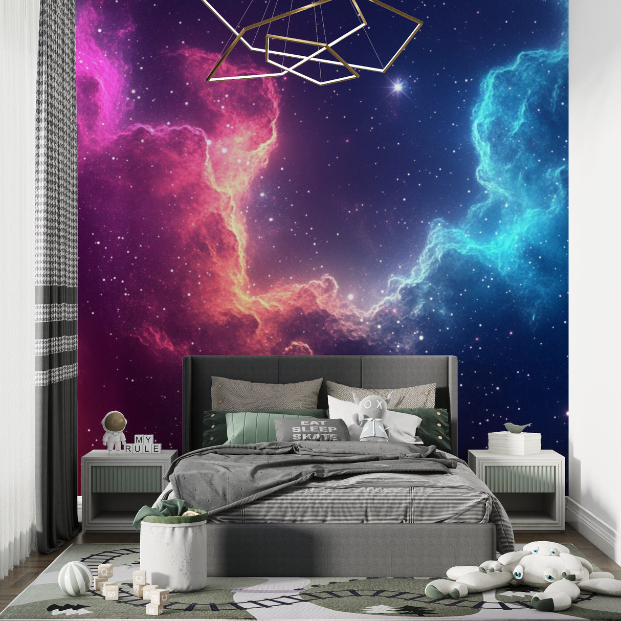 Home office with galaxy wallpaper creating an inspiring cosmic atmosphere