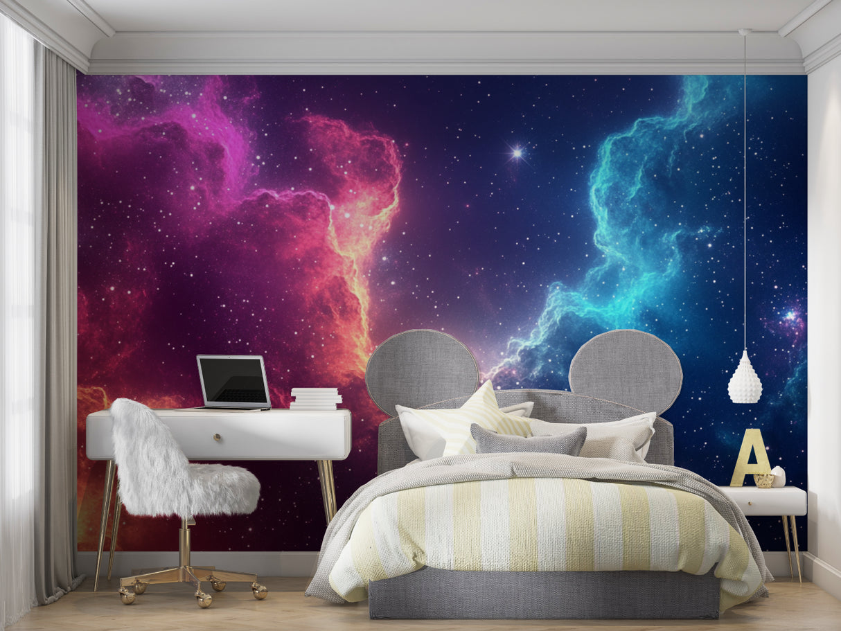 Reading nook with pink and blue space wallpaper creating a cozy corner