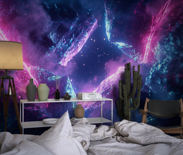 Galaxy wallpaper mural in modern bedroom showing purple and blue cosmic swirls creating dreamy atmosphere