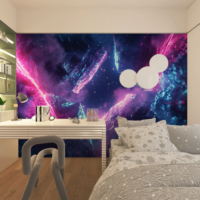 Space themed home office with nebula wallpaper showcasing vibrant cosmic patterns