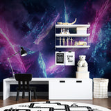 Teen bedroom with cosmic nebula wallpaper showing stunning night sky effect