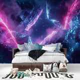 Media room transformed with space wallpaper featuring deep purple nebula design