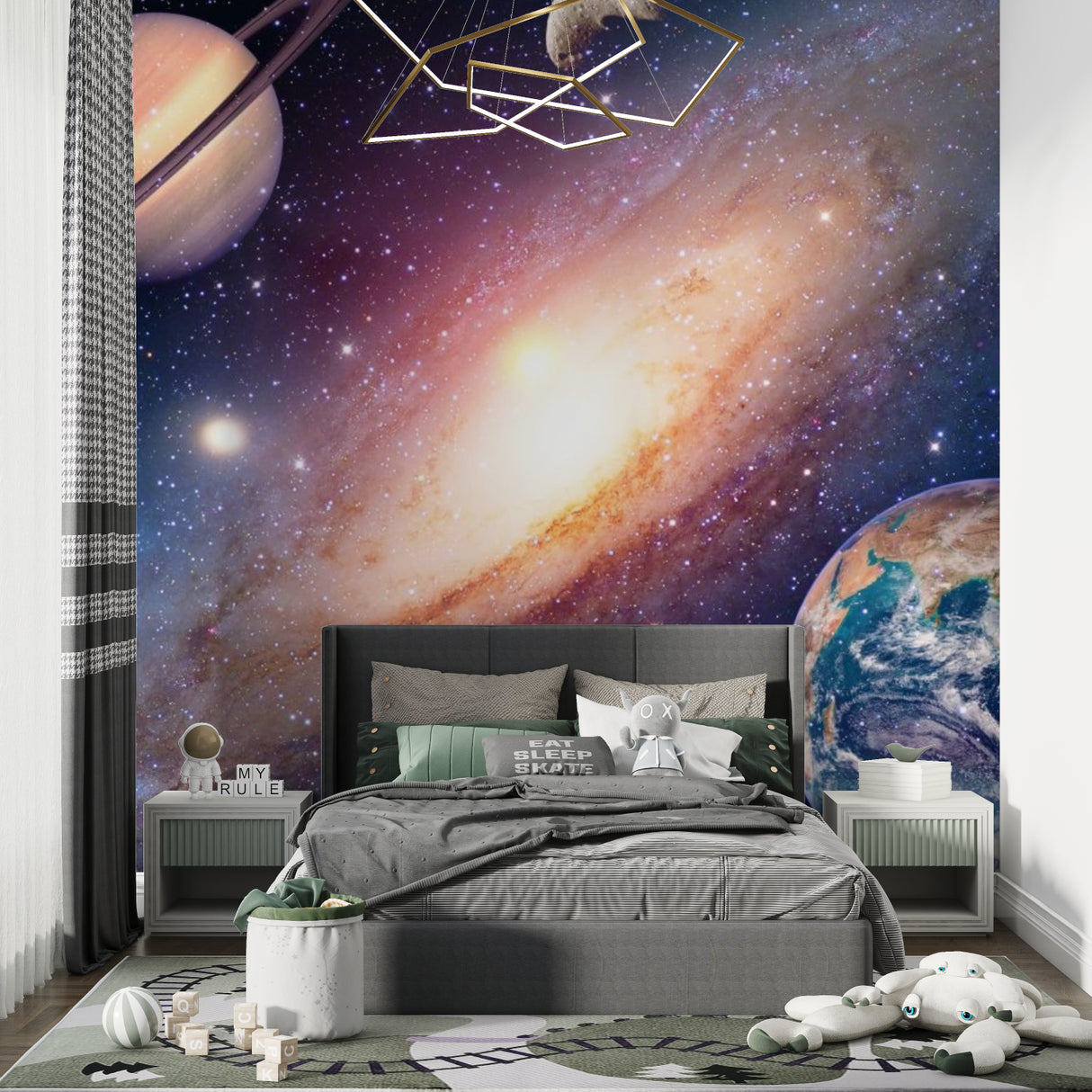 Space mural wallpaper in teenage gaming room with cosmic atmosphere