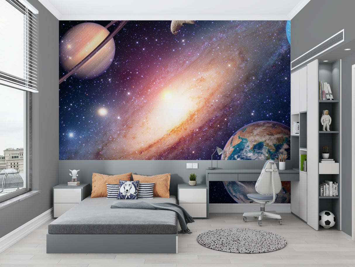 Galaxy mural in reading nook with cozy space theme setup