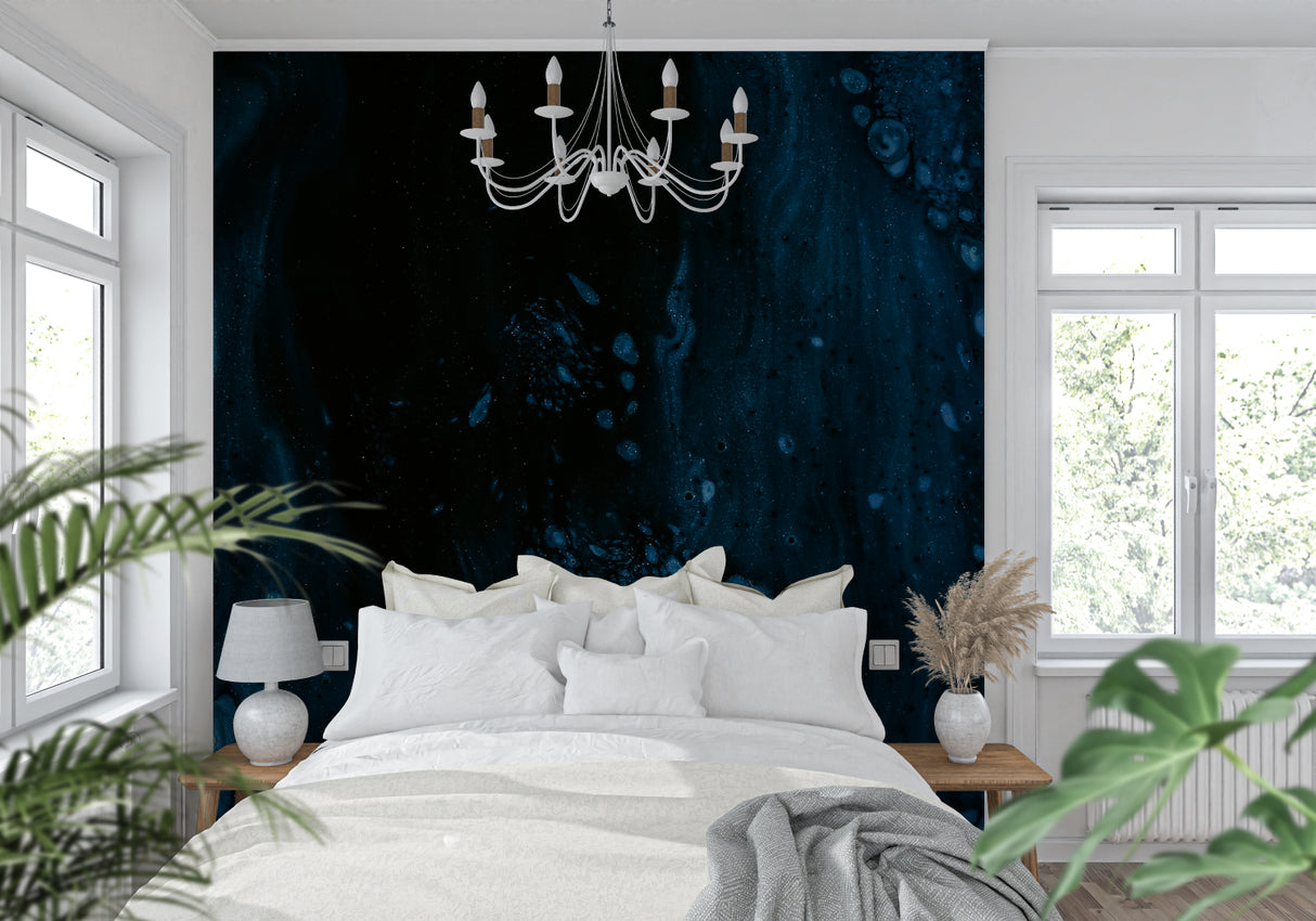 Cosmic wallpaper design in home office showing depth and dimension