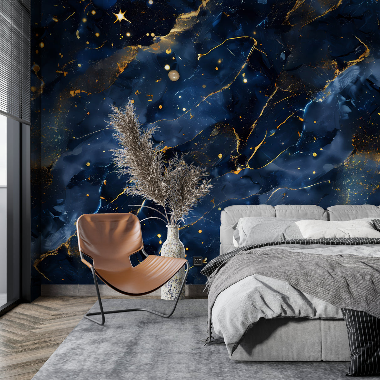 Abstract galaxy design transforming modern hallway with dramatic lighting