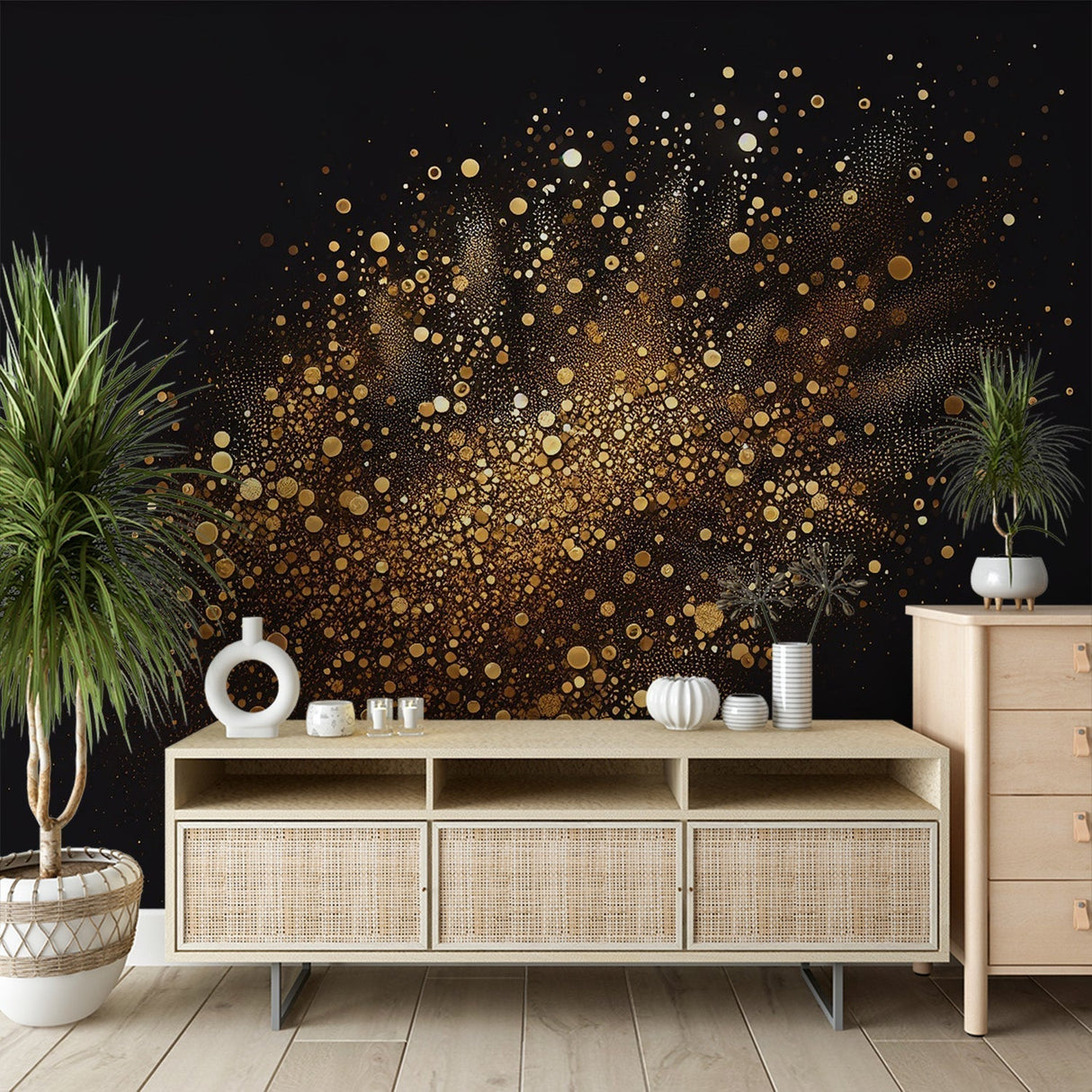 Galaxy wallpaper with gold stardust pattern creating drama in a modern living room with black furniture