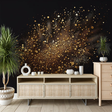 Galaxy wallpaper with gold stardust pattern creating drama in a modern living room with black furniture