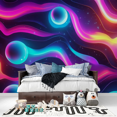 Vibrant Galaxy wallpaper in modern teen bedroom with LED accent lighting creating magical atmosphere