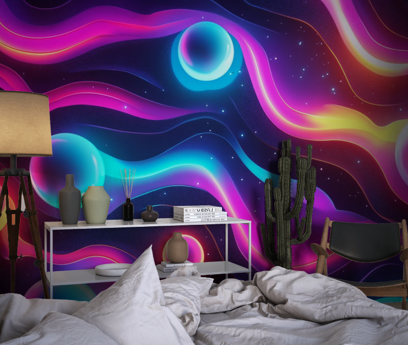 Neon Galaxy mural in gaming room with cool purple and blue glow effects
