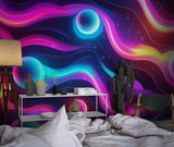 Neon Galaxy mural in gaming room with cool purple and blue glow effects