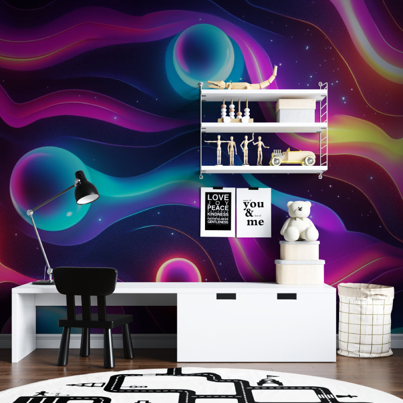Space themed wallpaper in home office showing cosmic design with floating moons