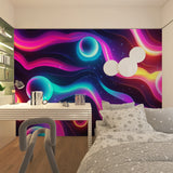 Abstract Galaxy wallpaper brightening dark hallway with vibrant neon colors