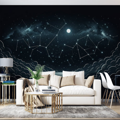 Galaxy wallpaper mural creating a cozy atmosphere in a modern bedroom, with stars and constellations casting a gentle glow