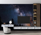Night sky mural wallpaper creates depth in this cozy home theater room