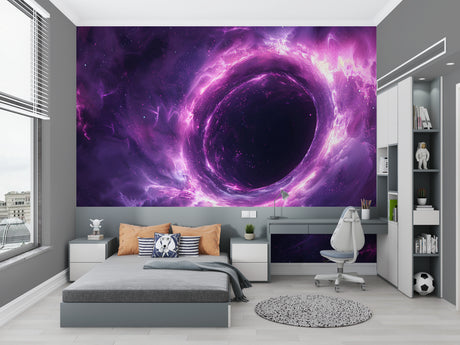 Purple galaxy wallpaper creating depth in modern gaming room with LED accent lighting
