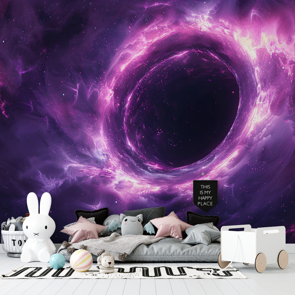Black hole cosmic mural in teen bedroom with floating shelf display