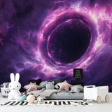 Black hole cosmic mural in teen bedroom with floating shelf display