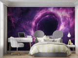 Space themed wall mural transforming home office with purple cosmic design