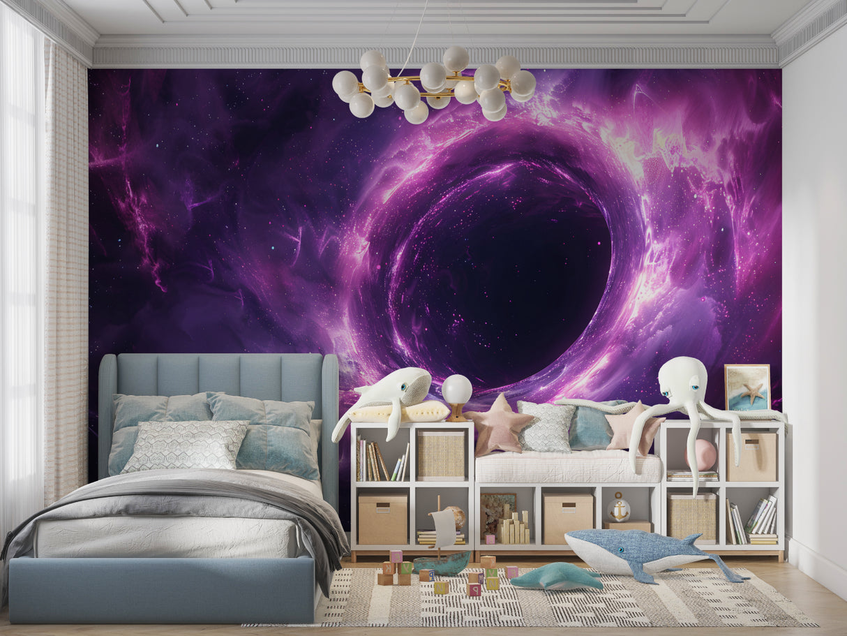 Galaxy wallpaper feature wall in modern living room with minimalist furniture