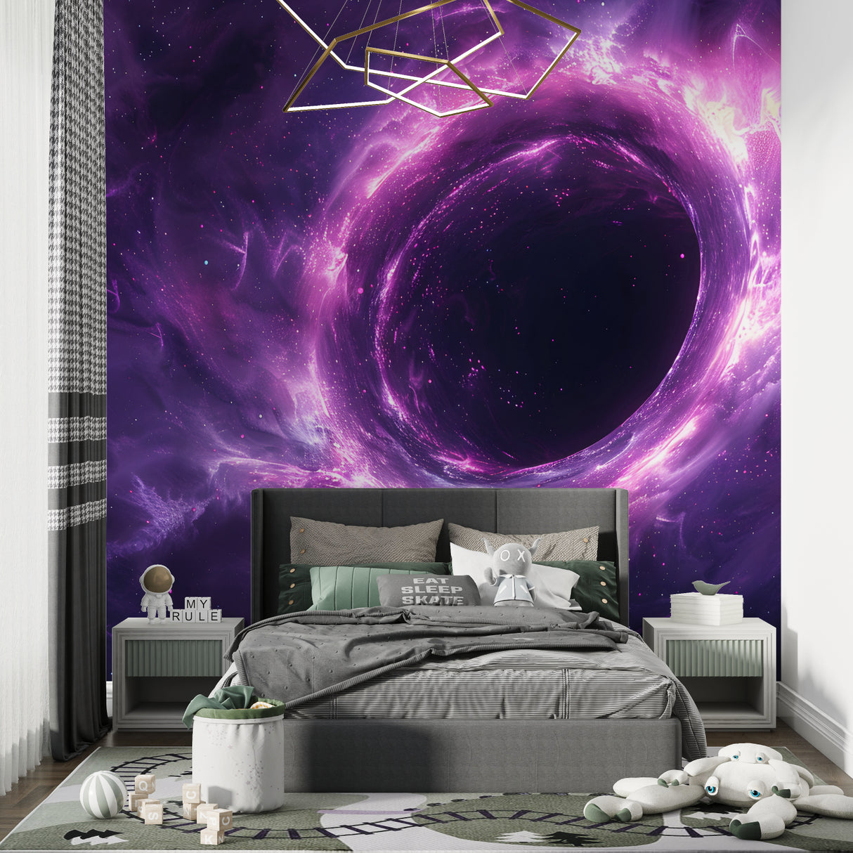 Purple cosmic mural adding drama to media room with ambient lighting
