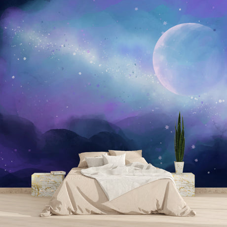Purple Galaxy Mural Wallpaper styled in modern bedroom with LED lighting creating magical atmosphere