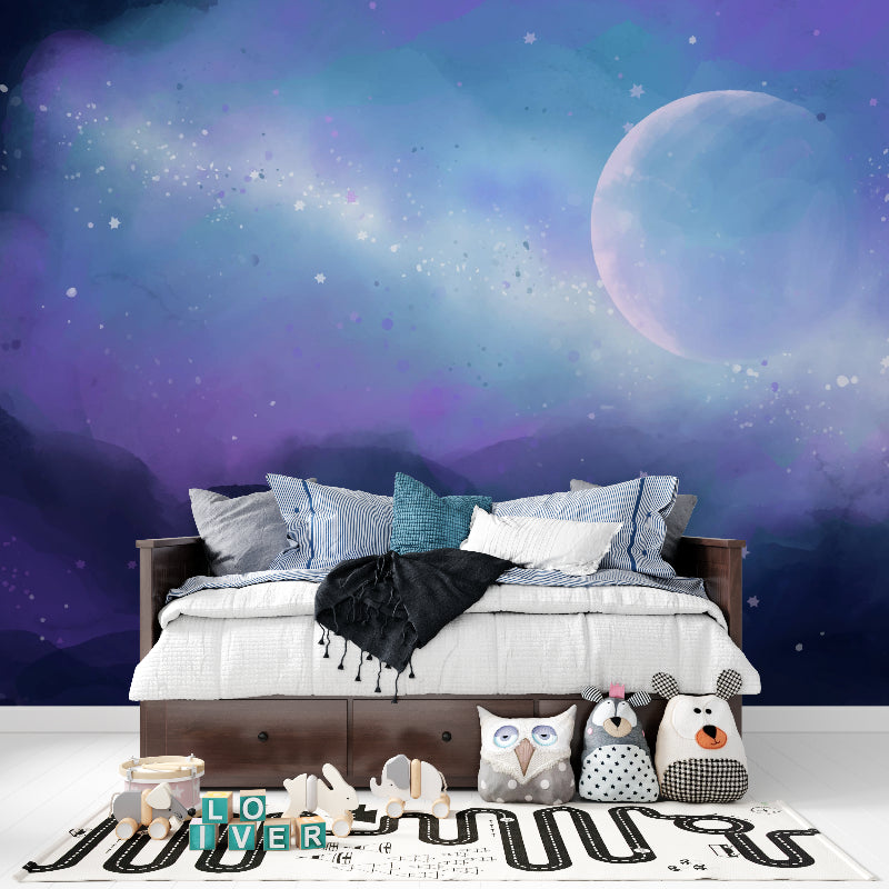 Cosmic Night Sky Wallpaper in kids room with glowing stars and space-themed decorations