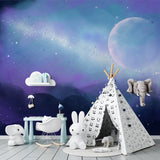 Galaxy Wall Mural featured in gaming room with ambient purple lighting