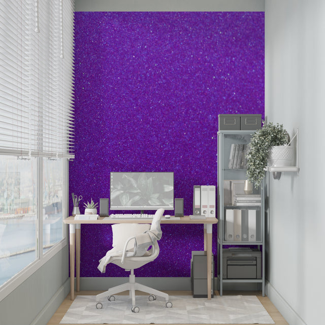Purple Galaxy Wallpaper creating a magical atmosphere in a modern bedroom with ambient lighting
