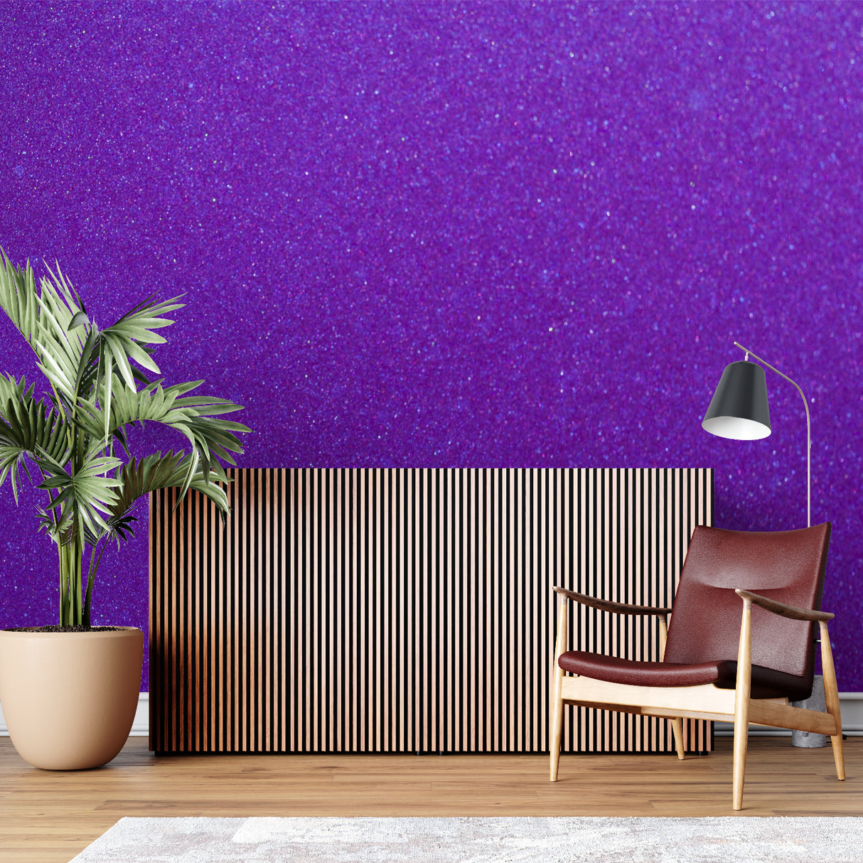 Space themed wallpaper creating depth in a modern home office setup