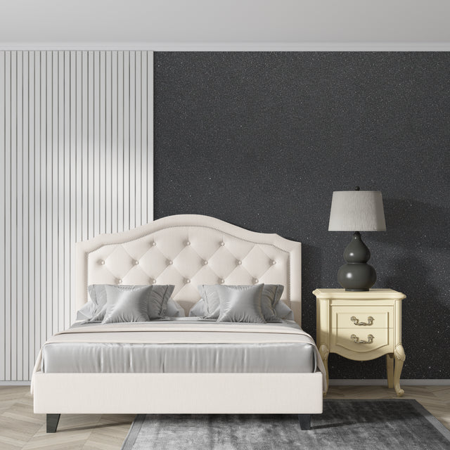 Galaxy wall mural in modern bedroom showing sparkling star effect on dark grey background